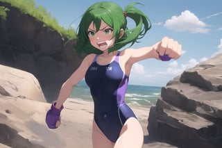 solo, 1girl, female ,green hair, teeth, purple one piece swimsuit ,clenched teeth, rock, anger , standing , punching 