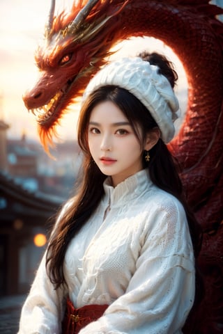 (RAW photo, best quality), (realistic, photo-Realistic:1.3), best quality, masterpiece, beautiful and aesthetic, 16K, (HDR:1.4), high contrast, (vibrant color:0), dragon in background, (muted colors, dim colors, soothing tones:1.4), cinematic lighting, ambient lighting, sidelighting, Exquisite details and textures, cinematic shot, Cold tone, (Bright and intense:1.1), wide shot, by xm887, ultra realistic illustration, siena natural ratio, (city night view theme:1.4), head to toe, long Wave hair, multicolored hairlighting, (a shy smile:1.2), red eyes, white knit sweater, white knit Beanie, white knit gloves, a beautiful Turkish girl, seductive look, sexy eyes, simple gradients, skin grain detail, a small earrings, sf, intricate artwork masterpiece, ominous, matte painting movie poster, golden ratio, trending on cgsociety, intricate, epic, trending on artstation, by artgerm, h. r. giger and beksinski, highly detailed, vibrant, production cinematic character render, ultra high quality model
