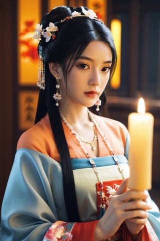 hands_, realistic, 1girl, solo, candle, hair ornament, realistic, jewelry, long hair, flower, hair flower, black hair, necklace, looking at viewer, indoors, chinese clothes, sash, earrings, kimono, black eyes, blurry, sitting,off-the-shoulder cinematic_lighting,
