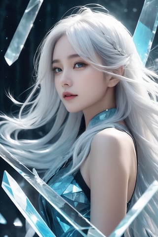 realistic photo,abandoned,1girl,solo, long hair,(beautiful hands) (white hair:1.4),(shard of glass:1.4),up body,A shot with tension,(sky glows cyan,Visual impact,giving the poster a dynamic and visually striking appearance:1.2),
