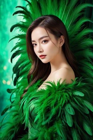 1girl,a gorgeous long dress made of feathers,green feather,huge feathers,complex background,beautiful background,(feathers everywhere:1.3),depth of field level,
