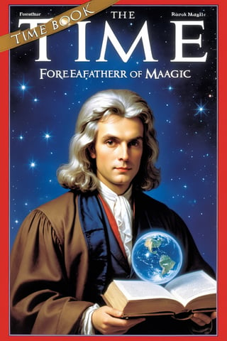 Newton on the cover of the magic book, forefather of magic, magical realm,time magazine