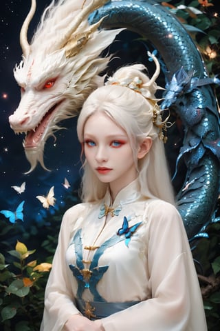 Create a portrait of a albino elf, wearing a witch hat, pale skin, ((red eyes)), white dress, blue butterflies flying, Chinese, closed up view, moonlight, dragon,
