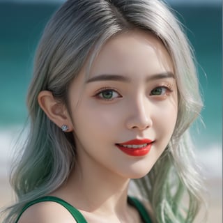 Best Quality,Masterpiece,Ultra High Resolution,(Realisticity:1.4),photorealistic,extreme detailed,Original Photo,1girl,portrait,(fullbody),elf,silver hair,solo,(dynamic posture:1.4),mini_skirt,(dark sea green tone:1.2),looking at the audiences,red lips,smile,50mm,F0.8,8K raw,depth of field,