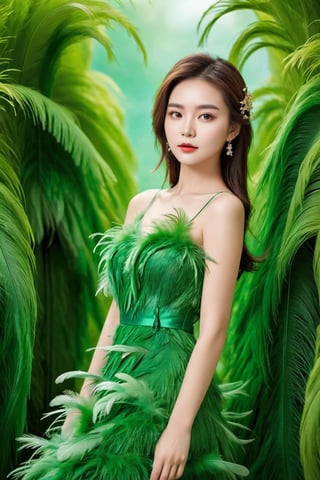 1girl,a gorgeous long dress made of feathers,green feather,huge feathers,complex background,beautiful background,(feathers everywhere:1.3),depth of field level,
,chinese girls