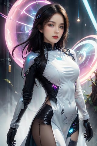 1girl,full_body,glowing,machinery,mecha,robot,sciencefiction,white background,rich colors,high contrast,sexy full shot body photo of the most beautiful artwork in the world,illustration,cinematic light,fantasy,highres,highest quallity,ultra detailed,best quality,masterpiece,(detailed face),(slutty) woman wears a shirt and (torn) fullbody (transparent galaxy) cloths coat,floating cloth,see throug,choker,fantasy forest with glowing neon details,
,Mechanical part