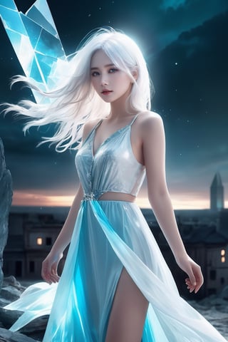 realistic photo,abandoned,1girl,solo, long hair,(beautiful hands) (white hair:1.4),(shard of glass:1.4),up body,A shot with tension,(sky glows cyan,Visual impact,giving the poster a dynamic and visually striking appearance:1.2),
