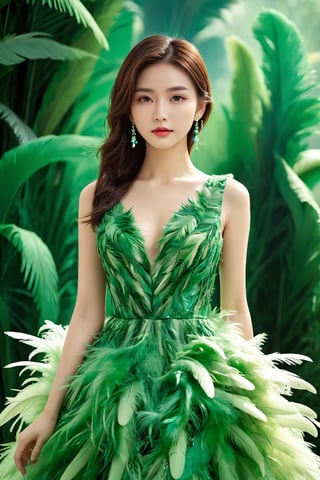 1girl,a gorgeous long dress made of feathers,green feather,huge feathers,complex background,beautiful background,(feathers everywhere:1.3),depth of field level,
,chinese girls