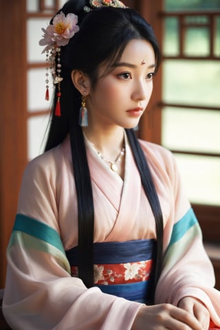 hands_, realistic, 1girl, solo, candle, hair ornament, realistic, jewelry, long hair, flower, hair flower, black hair, necklace, looking at viewer, indoors, chinese clothes, sash, earrings, kimono, black eyes, blurry, sitting,off-the-shoulder cinematic_lighting,
