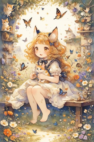 A playful scene of a calico kitten, its fur a patchwork of black, white, and orange, batting at a butterfly with its tiny paws. The butterfly, seemingly unfazed, flits around the kitten, leading it on a merry chase through a bed of blooming wildflowers. The image is a heartwarming portrayal of youthful curiosity and the joy of exploration.
