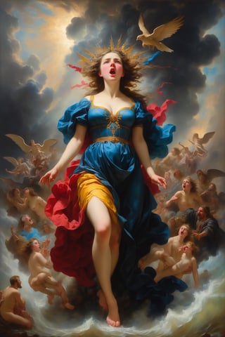 A stunning modern interpretation of Heinrich Lossow's 1880 painting, "The Sin." The artwork showcases a dramatic scene with a central female figure engulfed by a large, dark, and ominous cloud, symbolizing sin. She is surrounded by various biblical figures, each with distinct facial expressions of despair and anguish. The modern representation features a vivid color palette, and the figures are portrayed with a surreal, dreamlike quality.