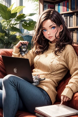 look like ((tisca chopra:  Mandy Takhar :0.2)),age 25,(((dont change face))),A girl  wearing a sweater and jeans, lying on a couch with a laptop and a cat, surrounded by books and plants, in the style of a cozy illustration, ,photorealistic:1.3, best quality, masterpiece