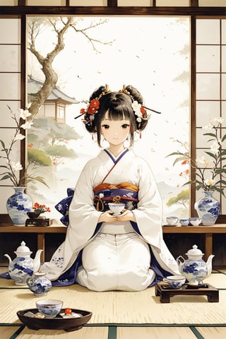 In a traditional Japanese-style room (washitsu), a woman dressed in an elegant kimono sits gracefully on the tatami mat floor. The room is adorned with sliding shoji doors that allow soft, natural light to filter in, creating a serene and peaceful atmosphere. At the center of this scene is a low wooden table, meticulously arranged with a beautiful tea set. The woman gently holds a delicate porcelain teacup, savoring the rich, aromatic flavors of Japanese tea. The tea, a symbol of Japanese culture and hospitality, is the focal point of this tranquil moment. Around her, minimalistic decorations such as a hanging scroll and a flower arrangement add to the room's calming simplicity. This picturesque setting embodies the essence of Japanese tradition and the art of tea drinking.
