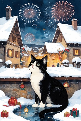 masterpiece, best quality, domestic_long-haired_cat, flat color, oil painting style, winter season, Christmas, snow, with colorful fireworks, flooded
,ink ,oil paint