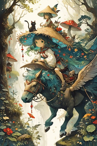 Cute kitten riding a big black vaulting horse, closed: straw hat, red and green embroidered Chinese cloak, cinematic pose, fairy atmosphere, highly detailed, dramatic lighting. Forest background, digital painting, masterpiece, maximalism, near perfection, design by Greg Rutkowski + Esao Andrews, oil painting
