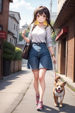 beautiful cute young attractive indian teenage girl, village girl, 18 years old, cute, Instagram model, long yellow_hair, colorful hair, warm, dacing, She is going for a walk with the dog.