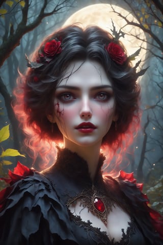 In the heart of a desolate, moonlit forest, a forlorn vampire maiden stands alone amidst withered trees and crumbling ruins. Her alabaster skin glows eerily under the pale light, accentuating the sorrow in her hauntingly beautiful eyes. Dressed in tattered, elegant garments of deep crimson and midnight black, she embodies a melancholic grace. The cold wind whispers through the decayed foliage, carrying faint echoes of her mournful past. Shadows dance around her, and the scent of blood lingers in the air, as she waits, eternally cursed, yearning for a love lost to the passage of centuries,(fang:1.4)