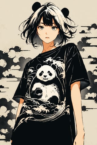 A beautifully drawn (((vintage t-shirt print))), featuring intricate ((retro-inspired typography)) encircling a (((sumi-e ink illustration))) depicting panda, integrating elements of Japanese calligraphy  with black back ground
,MeganFox