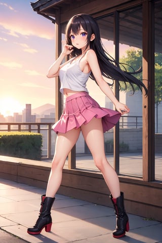 masterpiece, top quality, best quality,1girls,Korean, beautiful face, smile, long hair, 19 years old, tank top, pink skirt, boots, hills, full body view, sunset,sexy pose