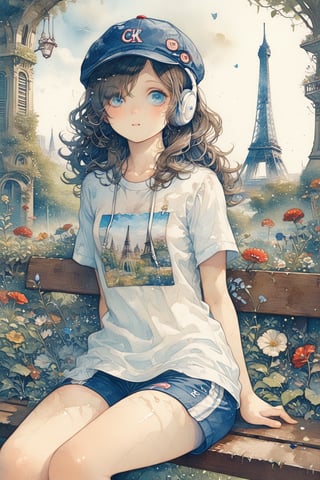 Master piece, generate image of a Girl with headphones, cap, dreamy expression, sitting a bench in the gardens of the Eiffel tower, training wear, t-shirt and sport shorts, (ultra detailed perfect piece:1.2), illustration, masterpiece, (extremely detailed CG 8k), (very fine 8K CG), (1girl:1.2), (dark hair), long hair, wavy hair, hair over one eye, sparkling, light blue eyes, looking at side,