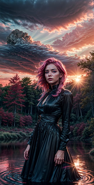 Best work, (Best quality, ,HDR, 8k, 32k, raw photo, photorealistic, UHD:1.2), beautiful 20 year old girl in long black dress at the lakeside in a forest, eyes, pink hair, detailed face, perfect face, pond, dark sky, lights in the background, realism, red sky, detailed sky, realistic clouds, sun, bright environment, late afternoon, sun rays in the clouds