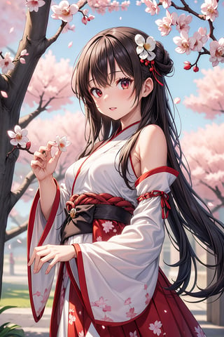 (masterpiece, top quality, best quality, official art, beautiful and aesthetic:1.2), (1girl), extreme detailed,(abstract, fractal art:1.3),highest detailed, detailed_eyes, light_particles, hanfu,jewelry, sexy, ,red,cherry blossom,The left hand's orchid fingers pinch a branch blooming with cherry blossoms,The right hand's orchid fingers lightly pinch the left sleeve