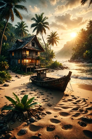 close up angle of, a serene tropical sandy beach, wavy wave, palm trees, beach vaggies, shall and plant, and boat, ((zoom focus on boat)), old simple rustic old wooden house, sunset background, detailed background, surrounded by jungle, insect, detailed focus, deep bokeh, beautiful, dark cosmic background. Visually delightful , 3D, more detail XL,chibi