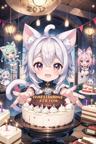 group picture,multiple girls, 5girls, looking at viewer ,shiny skin, (loli girl),(chibi:1.5),(cat ear:1.6),(birthday party:1.3),(cake with candles),smile