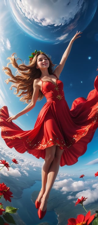 Aerial view, wide-angle photo, Cinematic results, create a artistic artwork portraying of a beautiful woman floating on the planet earth, (Wear red Christmas costume,Wearing red Christmas hat),she has long flowy hair with colorful flowers cascading out of it,  colorful rendition,  ultradetailed face, 8k UHD, professional results ,arcane,ColorART,  sharp focus on face,  wide-angle sky view with wispy clouds ,EpicSky,  golden hour, close-up ,A girl dancing ,