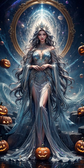 The ultimate space princess is a sight to behold, her flowing gown shimmers with ethereal hues of orange and silver, adorned with intricate lacework and embellished with sparkling gemstones. Her long hair cascades in iridescent waves, framing a face that radiates pure beauty and grace. resulting in a breathtaking masterpiece that leaves the viewer in awe.light smile,straight-on,huge Jack O'Lanterns in background
