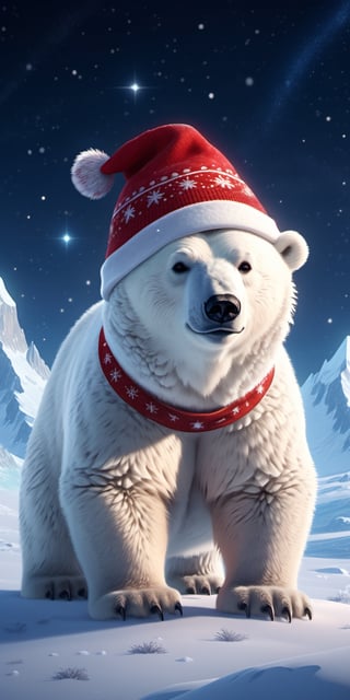 8K, Ultra-HD, Natural Lighting, Moody Lighting, Cinematic Lighting,detailed,CG,unity,extremely detailed CG,
solo,cute polar bear,(Wearing red Christmas hat,Gift),starry sky ,snow,magic, glaciers, a starry night at the North Pole(distant view, full body)