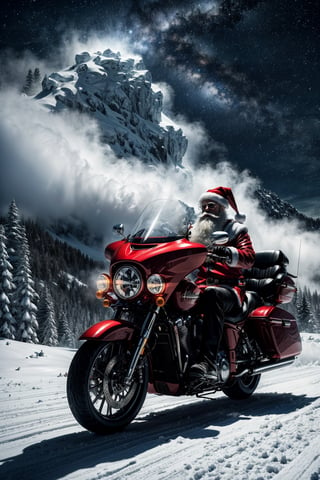 a visual stunning photo of a Santa Claus riding a Harley motorcycle  , centered, key visual, intricate, highly detailed, breathtaking beauty, precise lineart, vibrant, comprehensive cinematic, best best quality, ultra sharp focus, volumetric atmosphere,  a starry night at the North Pole,snow,white snowflakes