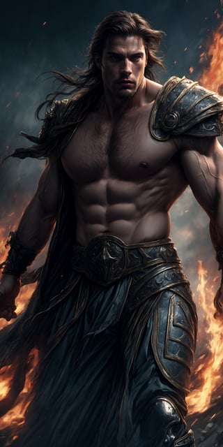 masterpiece, perfect anatomy, 32k UHD resolution, best quality, highly details, realistic photo, professional photography, cinematic angle, cinematic view, cinematic lights, A male gladiator, bronze skin, muscle veins, short brown messy hair, surrounded by flames, dynamic warrior pose,