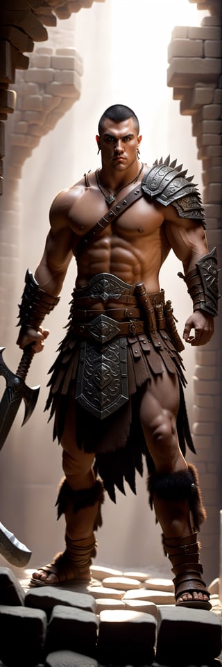 ntricately detailed illustration of a barbarian, dynamic pose with a warhammer, dark ambient, (((in a dungeon made of stones and bricks))) short hair, young strong man, backlit, raytraced, front view, gorgeous body, extremely realistic, full body shot, fantastical, imaginative, visually rich, atmospheric, zoomed, 32k resolution, best quality,