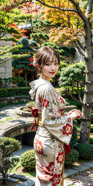 masterpiece, best quality, great, highly detailed CG unity 8k wallpaper, depth of field, super fine illustration, illustration, CG, 
1 girl,brown_hair/brown_eyes,hair_bun,big breasts,smile,short hair, black hair, standing, tree, leaf, obi, floral print, sandals, realistic, tabi, autumn ,wearing edgJF_kimono,autumn setting,autumn trees and leaves