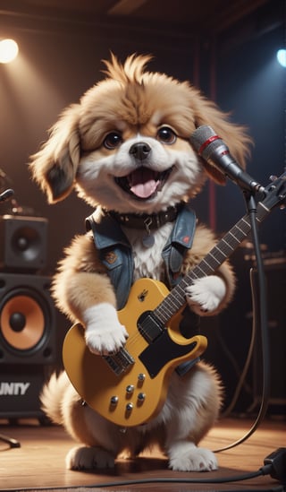 8K, Ultra-HD, Natural Lighting, Moody Lighting, Cinematic Lighting,detailed,CG,unity,extremely detailed CG,
solo,cute dog,A fluffy hardrock dog guitarist, brutally and violently screaming into his microphone, 