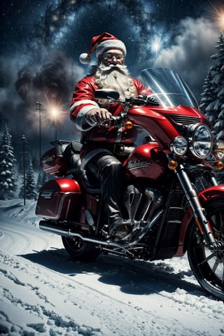 a visual stunning photo of a Santa Claus riding a Harley motorcycle  , centered, key visual, intricate, highly detailed, breathtaking beauty, precise lineart, vibrant, comprehensive cinematic, best best quality, ultra sharp focus, volumetric atmosphere,  a starry night at the North Pole,snow,white snowflakes