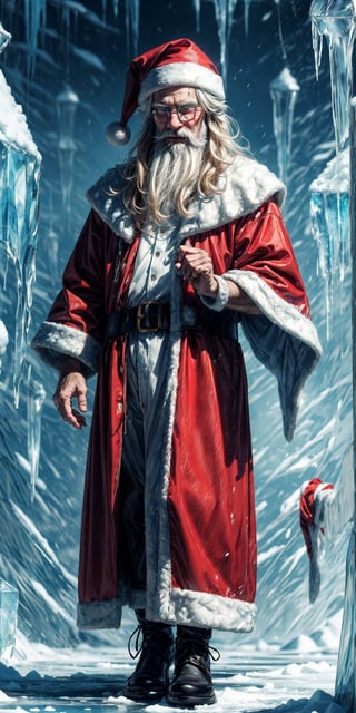 illustration,  Santa Claus, cinematic lighti, highest quality, ultra detailed realism, detailed face, detailed eyes, best quality, hyper detailed, Masterpiece, Top Quality, Best, Official Art, Beautiful and Aesthetic, Long Exposure: 1 old man, Charming Patterns, Icy Santa Claus, White , eyes covered by a veil made of ice, His body is covered with pieces of ice detailed, winter, ice throne, witchcraft, Tone of Magic in Blue, strong glow in neon blue, in the background a blizzard covering the environment, (full body)