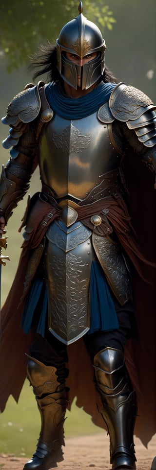 full body, walking pose, male, caramon from dragonlance, warrior, muscular, with a shield and a sword, ((black hair and helmet)), (armour with intricate pattern), (insanely detailed, bloom), (highest quality, Alessandro Casagrande, Greg Rutkowski, Sally Mann, concept art, 4k), (analog), ((high sharpness)), (detailed pupils), (painting), (digital painting), detailed face and eyes, Masterpiece, best quality, (highly detailed photo), 8k, photorealistic, sharp, (perfect body), realistic, real shadow, 3d, (fighting background)