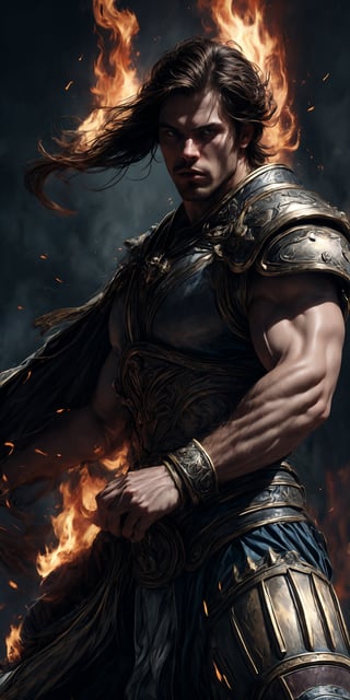 masterpiece, perfect anatomy, 32k UHD resolution, best quality, highly details, realistic photo, professional photography, cinematic angle, cinematic view, cinematic lights, A male gladiator, bronze skin, muscle veins, short brown messy hair, surrounded by flames, dynamic warrior pose,