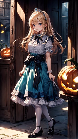 (best quality, masterpiece, illustration, designer, lighting), (extremely detailed CG 8k wallpaper unit), (detailed and expressive eyes), detailed particles, beautiful lighting, a cute girl, long blonde hair, wearing a teddy bear tiara, ((Portable  glowing jack-o'-lantern)),light smile,donning a beautiful blue and white dress with ruffles and lace, sheer pink stockings, transparent aquamarine crystal shoes, bows around her waist (Alice in Wonderland), butterflies around, (Pixiv anime style), (Wit studios),(manga style), 