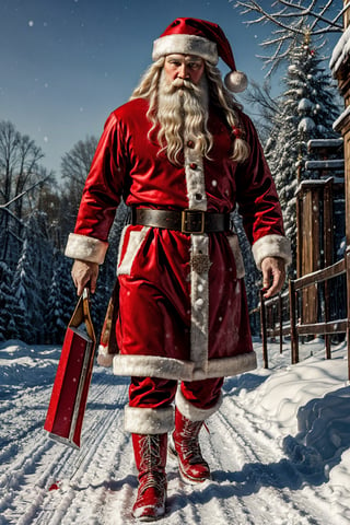 art by Leonardo da Vinci,Santa Claus,Wear red Christmas costume,Patterns, Icy, winter,snow
, etheral lighting, high contrast featuring muted colors, ultra detailed,  ,Masterpiece,full_body