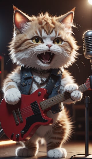 8K, Ultra-HD, Natural Lighting, Moody Lighting, Cinematic Lighting,detailed,CG,unity,extremely detailed CG,
solo,cute cat,A fluffy hardrock cat guitarist, brutally and violently screaming into his microphone, 