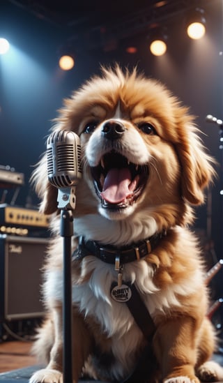 8K, Ultra-HD, Natural Lighting, Moody Lighting, Cinematic Lighting,detailed,CG,unity,extremely detailed CG,
solo,cute dog,A fluffy hardrock dog guitarist, brutally and violently screaming into his microphone, 