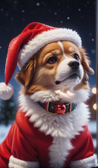 8K, Ultra-HD, Natural Lighting, Moody Lighting, Cinematic Lighting,detailed,CG,unity,extremely detailed CG,
solo,cute dog,A fluffy dog,(Wear red Christmas costume,Wearing red Christmas hat),starry sky ,snow,