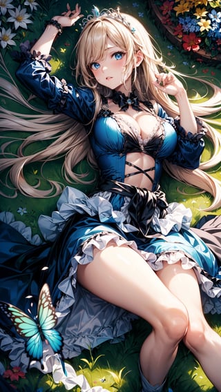 (best quality, masterpiece, illustration, designer, lighting), (extremely detailed CG 8k wallpaper unit), (detailed and expressive eyes), detailed particles, beautiful lighting, a cute girl, long blonde hair, wearing a teddy bear tiara, donning a beautiful blue and white dress with ruffles and lace, sheer pink stockings, transparent aquamarine crystal shoes, bows around her waist (Alice in Wonderland), butterflies around, (Pixiv anime style),(manga style),background, garden, colored flowers,butterflies, flowers, flowers covering her, (aerial view), grass, leaning on flowers, lying down,  looking to viewer, flower background,road of flowers,drow