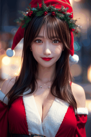 8k, RAW photo, best quality, masterpiece), (realistic, photo-realistic)(best quality, masterpiece, intricate details:1.1),photorealistic,solo,woman,SIGMA 50mm F1.4,looking at viewer,light smile,medium hair,glamor,tall,necklace,Beautiful big breasts, Gloss on lips, Parted lips, Staring at me, Nose, Realistic, depth of field, face light,(Wear red Christmas costume,Wearing red Christmas hat),snowflakes,snowfield,