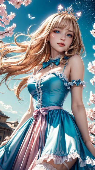 (best quality, masterpiece, illustration, designer, lighting), (extremely detailed CG 8k wallpaper unit), (detailed and expressive eyes), detailed particles, beautiful lighting, a cute girl, long blonde hair, wearing a teddy bear tiara, donning a beautiful blue and white dress with ruffles and lace, sheer pink stockings, transparent aquamarine crystal shoes, bows around her waist (Alice in Wonderland), butterflies around, (Pixiv anime style),(manga style), ((floating in sky)), flowy dress, ((cherry blossoms falling around her)), colorful, sky, stars, celestial body, atmosphere, (dreamy world:1.4),cinematic shot, low angle shot, High contrast, smooth,Detailedface,perfecteyes,light smile,