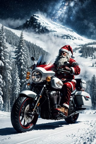 a visual stunning photo of a Santa Claus riding a Harley motorcycle  , centered, key visual, intricate, highly detailed, breathtaking beauty, precise lineart, vibrant, comprehensive cinematic, best best quality, ultra sharp focus, volumetric atmosphere,  a starry night at the North Pole,snow,white snowflakes