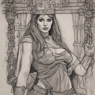 close up sketch drawing of a woman wearing qxcocxcr cosplay, in a dungeon tied by chains, heavy metal chains